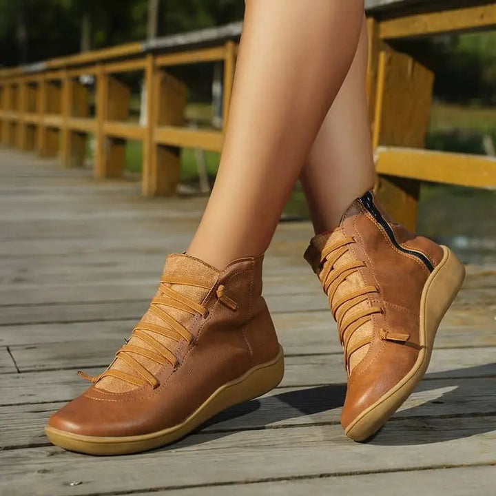 Damen Ankle Boots Flache Schnür-Stiefeletten mit Reißverschluss