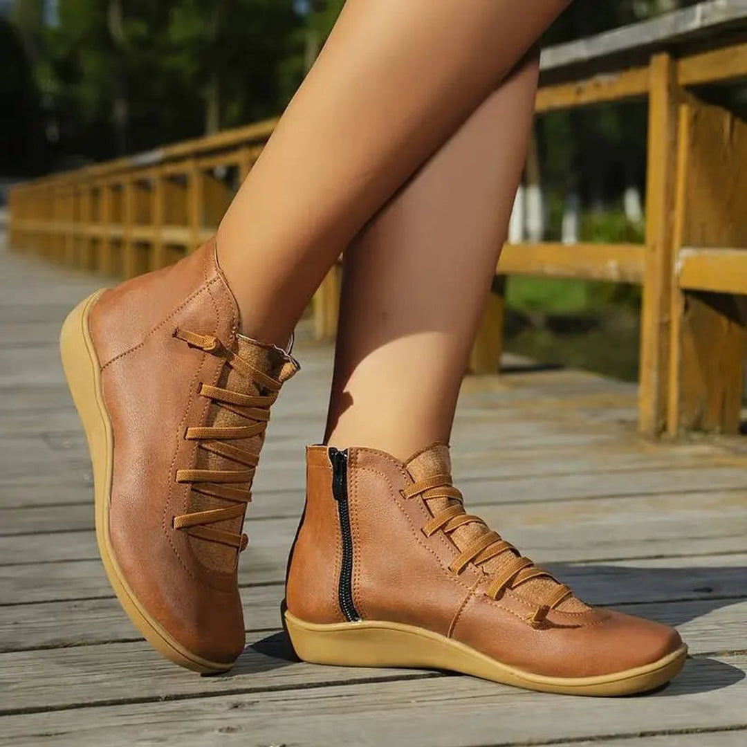Damen Ankle Boots Flache Schnür-Stiefeletten mit Reißverschluss
