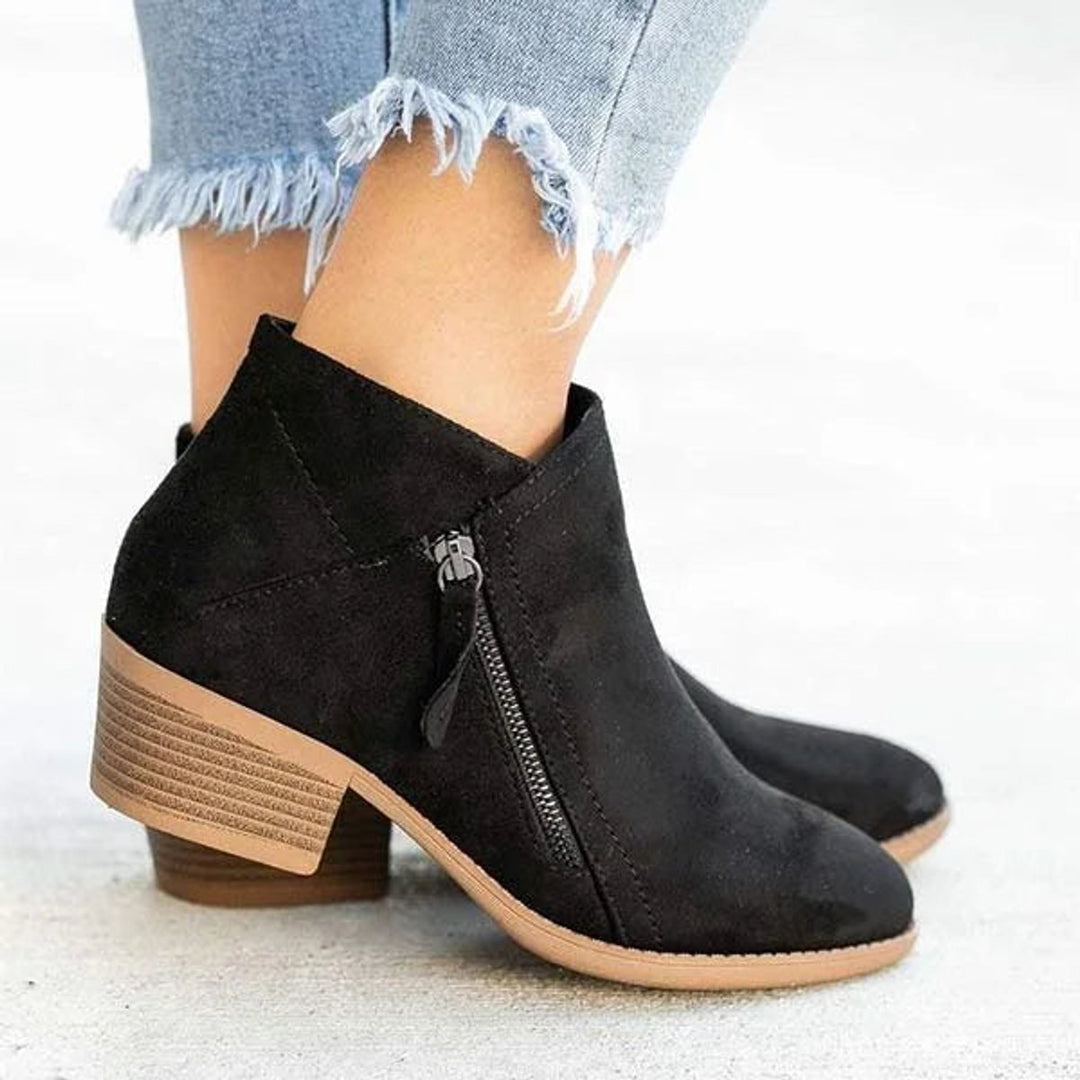 Damen Ankle Boots Niedriger Absatz Reißverschluss Stiefeletten - Schwarz