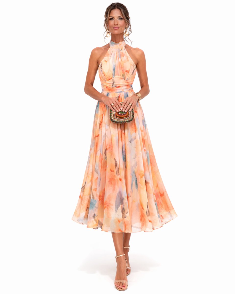 Damen Aquarell Halterneck Midi Dress fließend ausgestellt