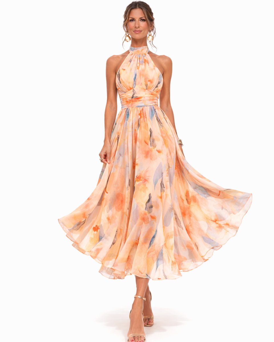 Damen Aquarell Halterneck Midi Dress fließend ausgestellt