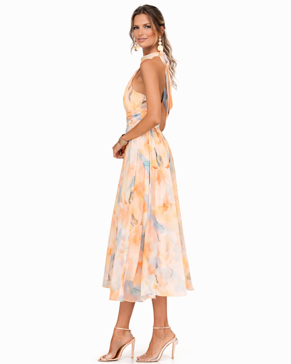 Damen Aquarell Halterneck Midi Dress fließend ausgestellt