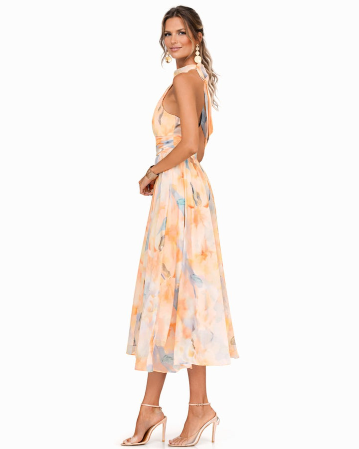Damen Aquarell Halterneck Midi Dress fließend ausgestellt
