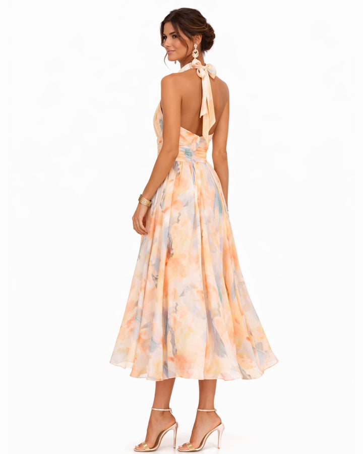 Damen Aquarell Halterneck Midi Dress fließend ausgestellt