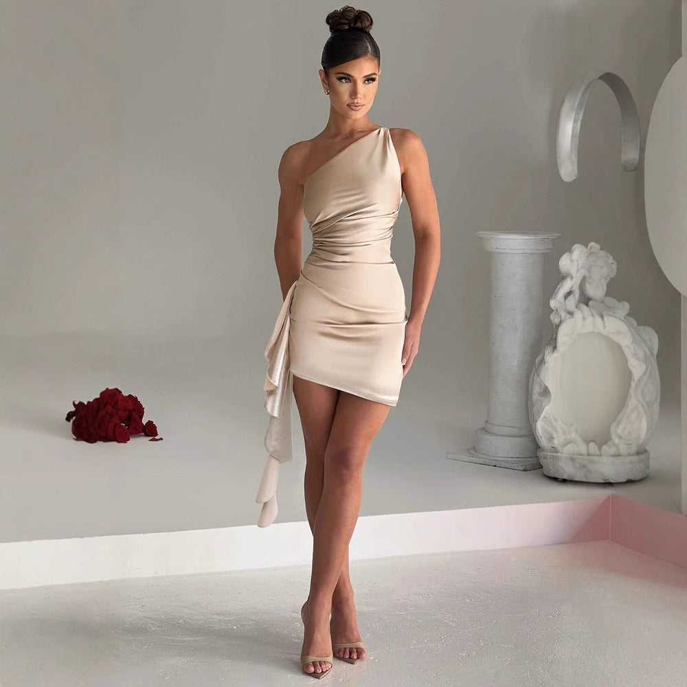 Damen Asymmetrischer One-Shoulder Cocktail Dress Satin-Look Minikleid