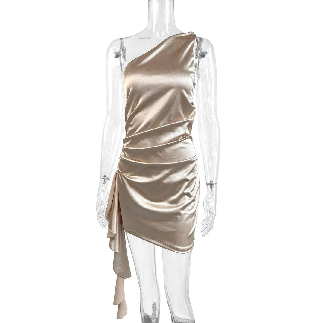 Damen Asymmetrischer One-Shoulder Cocktail Dress Satin-Look Minikleid