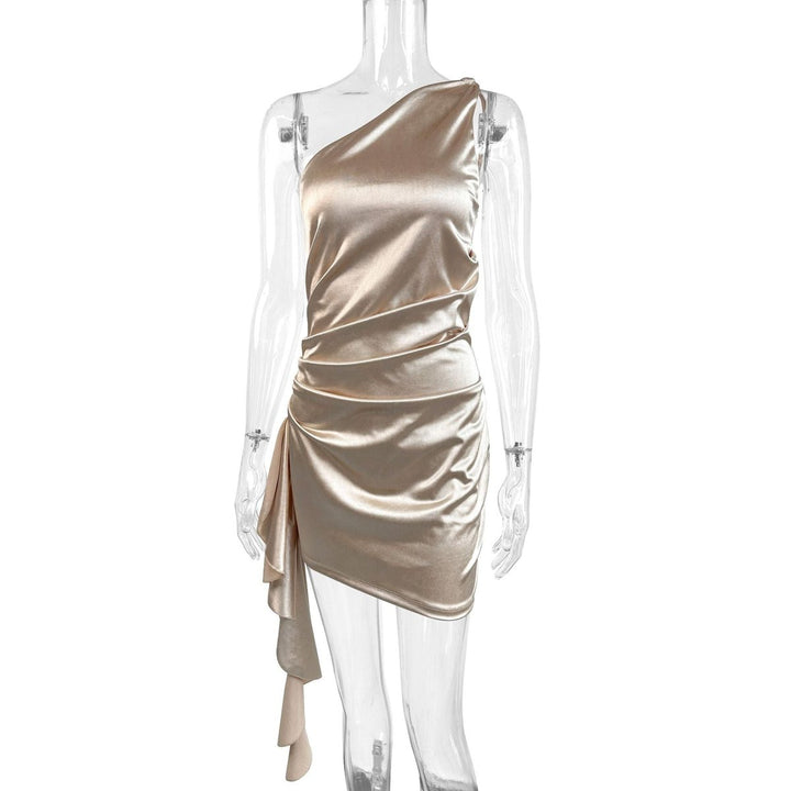 Damen Asymmetrischer One-Shoulder Cocktail Dress Satin-Look Minikleid