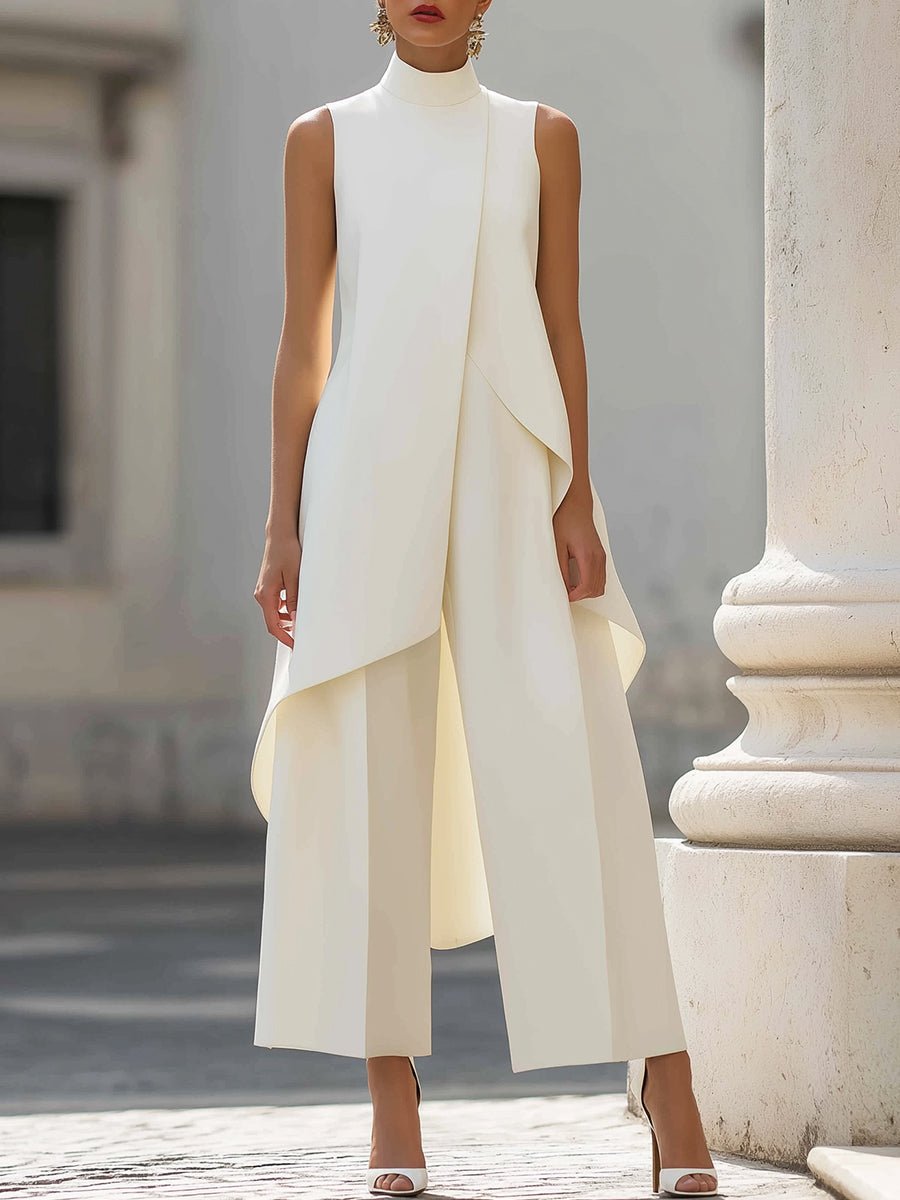 Damen Asymmetrisches Hoher Kragen Ärmellos Weite-Bein Zweiteiler-Set - White