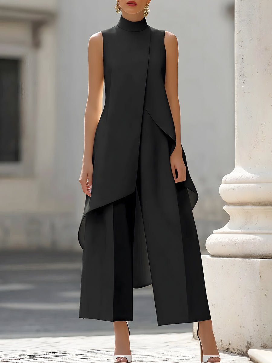 Damen Asymmetrisches Hoher Kragen Ärmellos Weite-Bein Zweiteiler-Set - Black