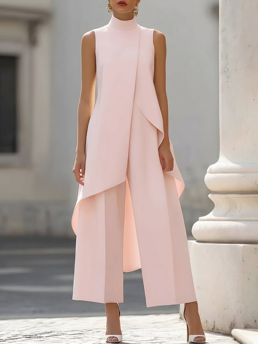 Damen Asymmetrisches Hoher Kragen Ärmellos Weite-Bein Zweiteiler-Set - Pink