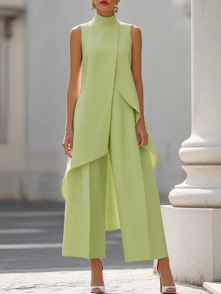 Damen Asymmetrisches Hoher Kragen Ärmellos Weite-Bein Zweiteiler-Set - Daiquiri Green