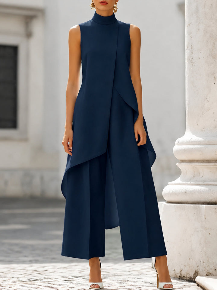 Damen Asymmetrisches Hoher Kragen Ärmellos Weite-Bein Zweiteiler-Set - Navy Blue