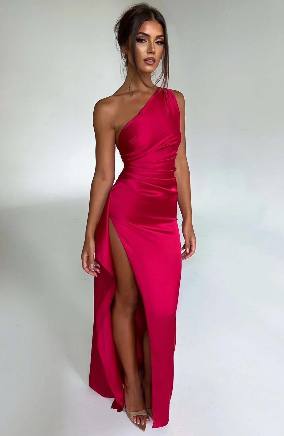 Damen Asymmetrisches One-Shoulder Abendkleid Maxi mit Beinschlitz - Red