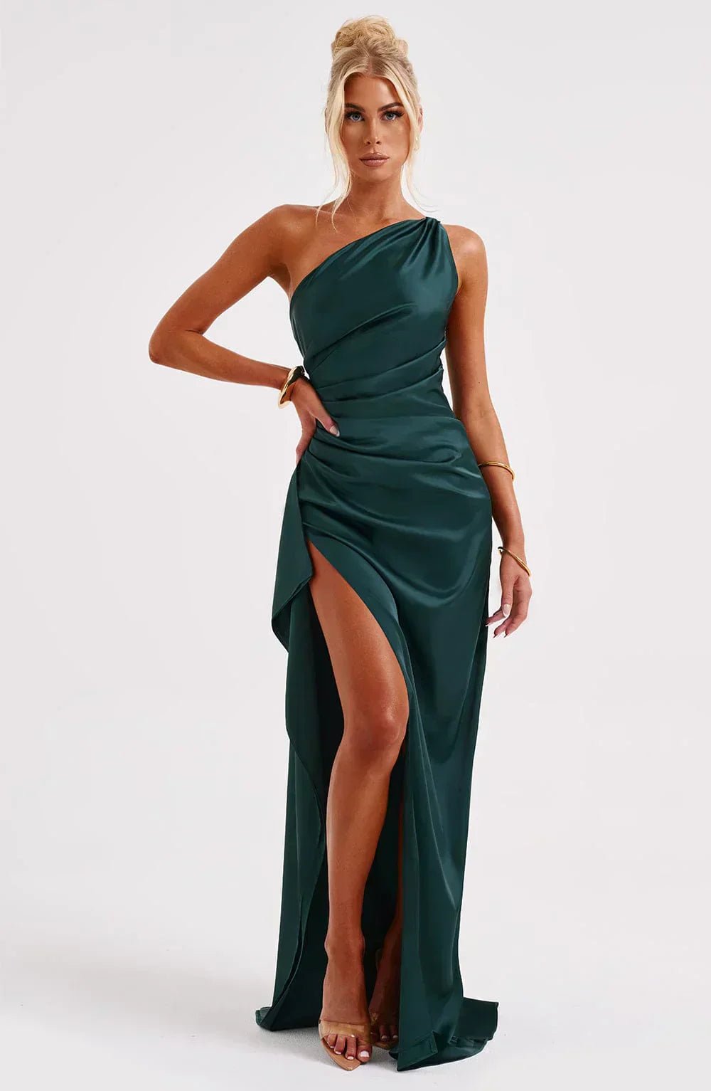 Damen Asymmetrisches One-Shoulder Abendkleid Maxi mit Beinschlitz - Dark Teal Green