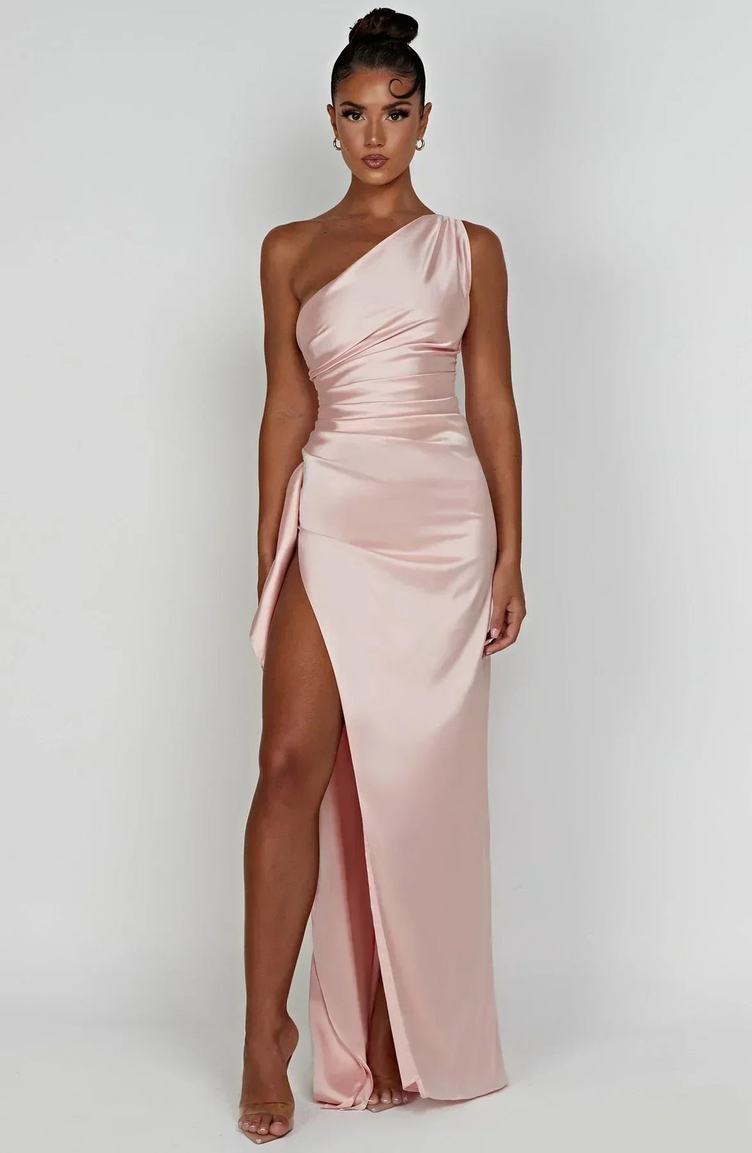 Damen Asymmetrisches One-Shoulder Abendkleid Maxi mit Beinschlitz - Pink