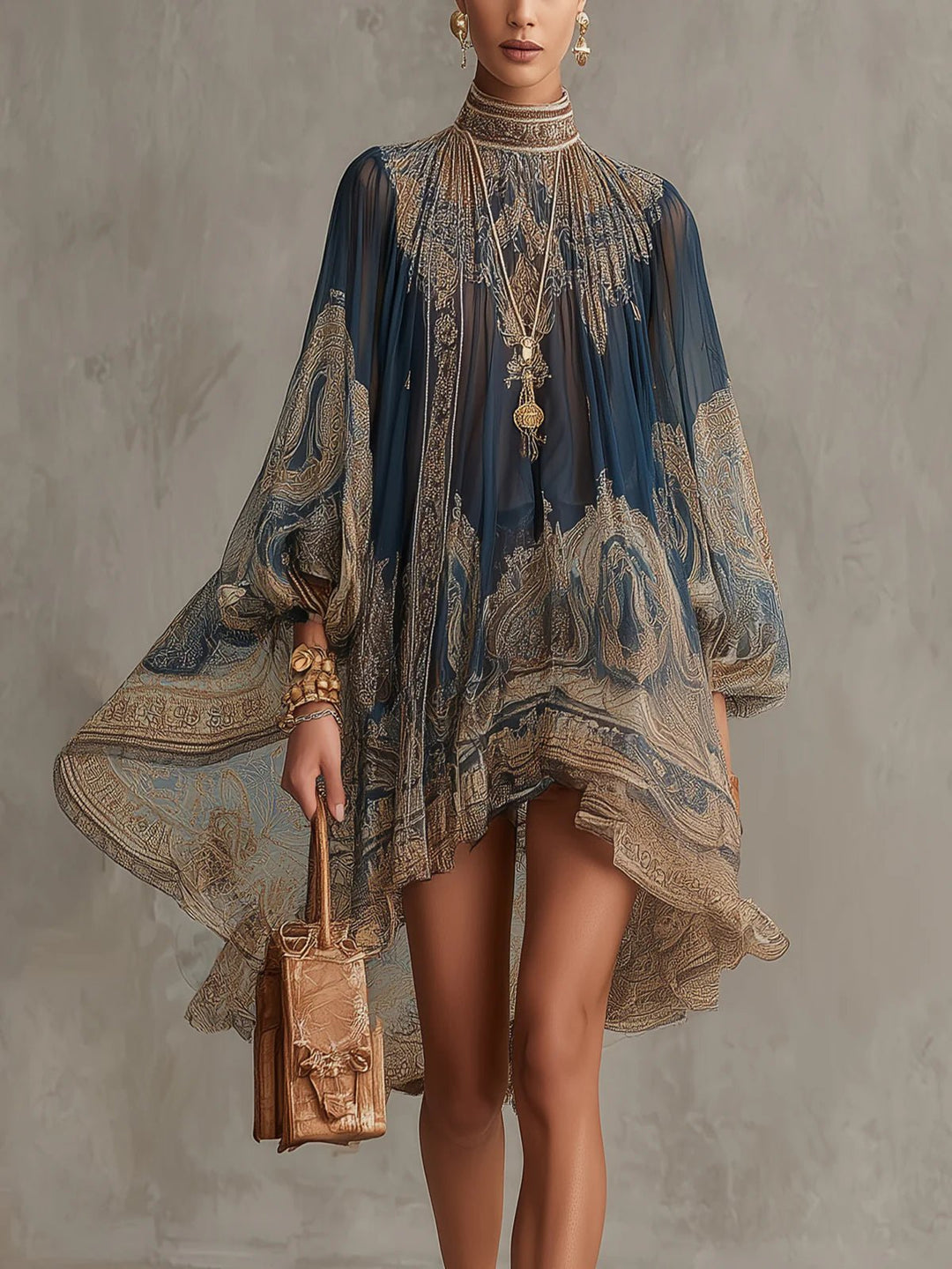 Damen Barock Chiffon High-Neck Kleid Fließende Ärmel - Navy
