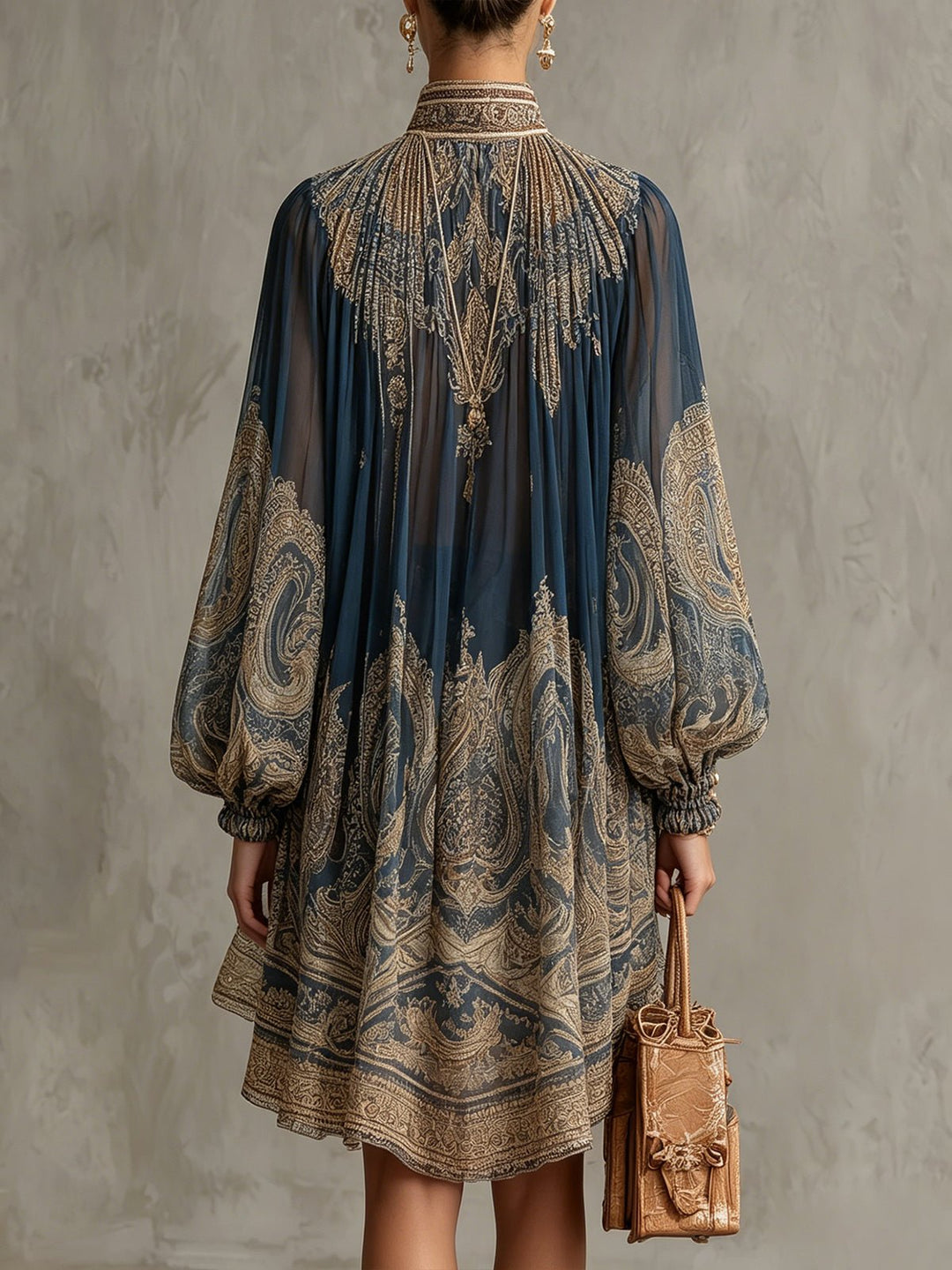Damen Barock Chiffon High-Neck Kleid Fließende Ärmel
