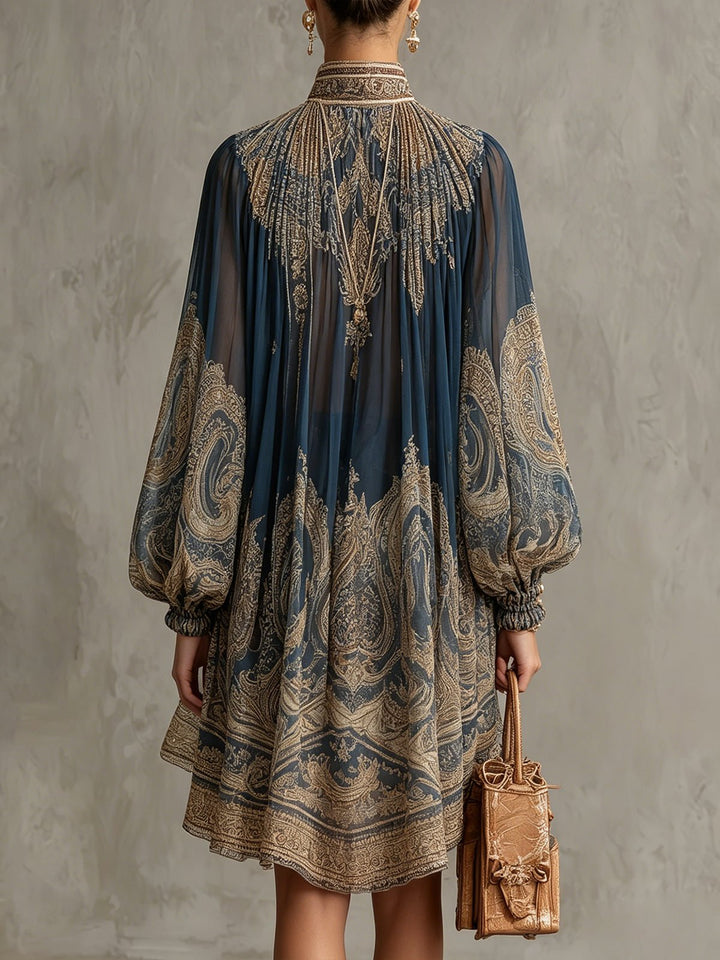 Damen Barock Chiffon High-Neck Kleid Fließende Ärmel