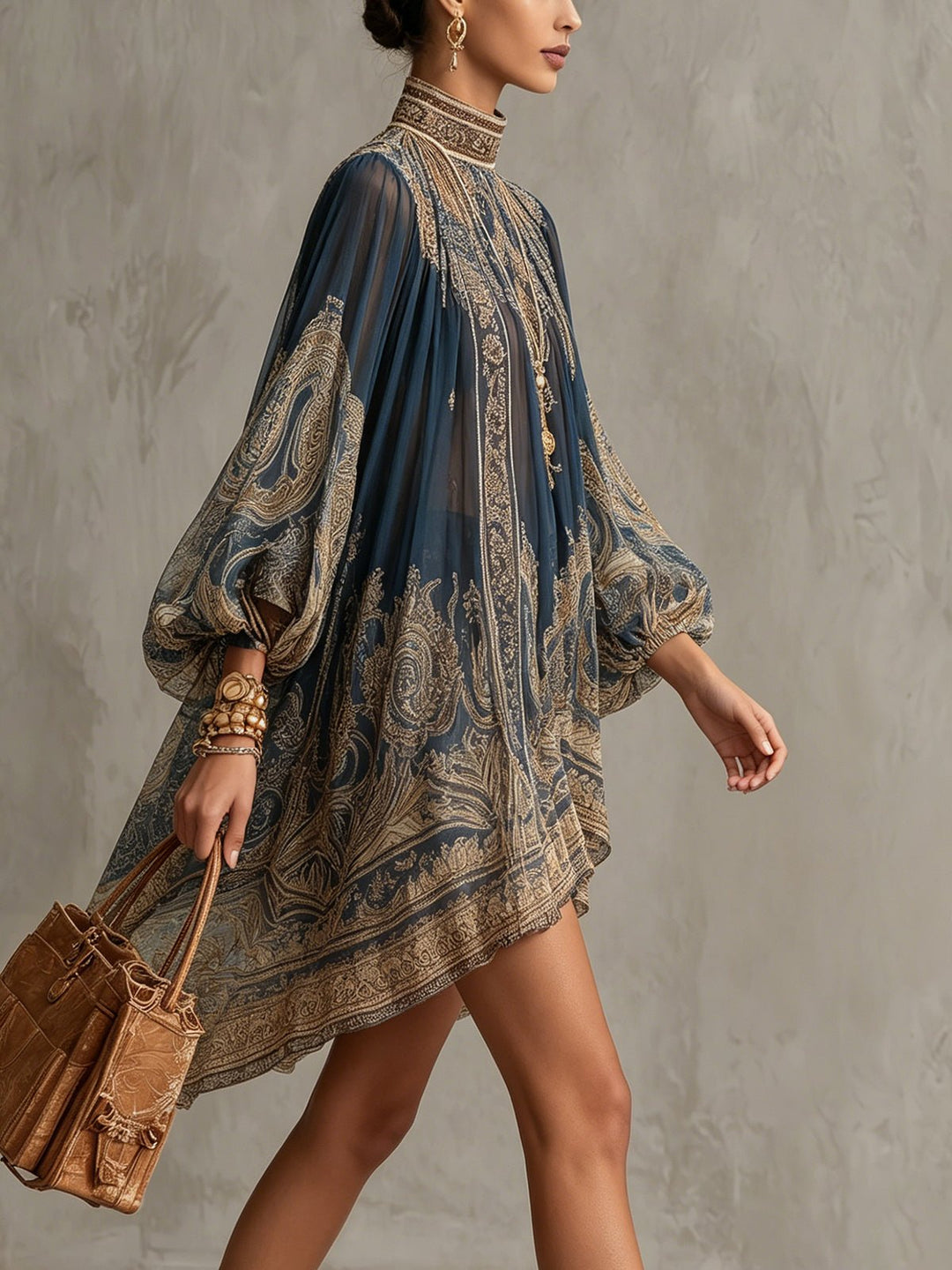 Damen Barock Chiffon High-Neck Kleid Fließende Ärmel