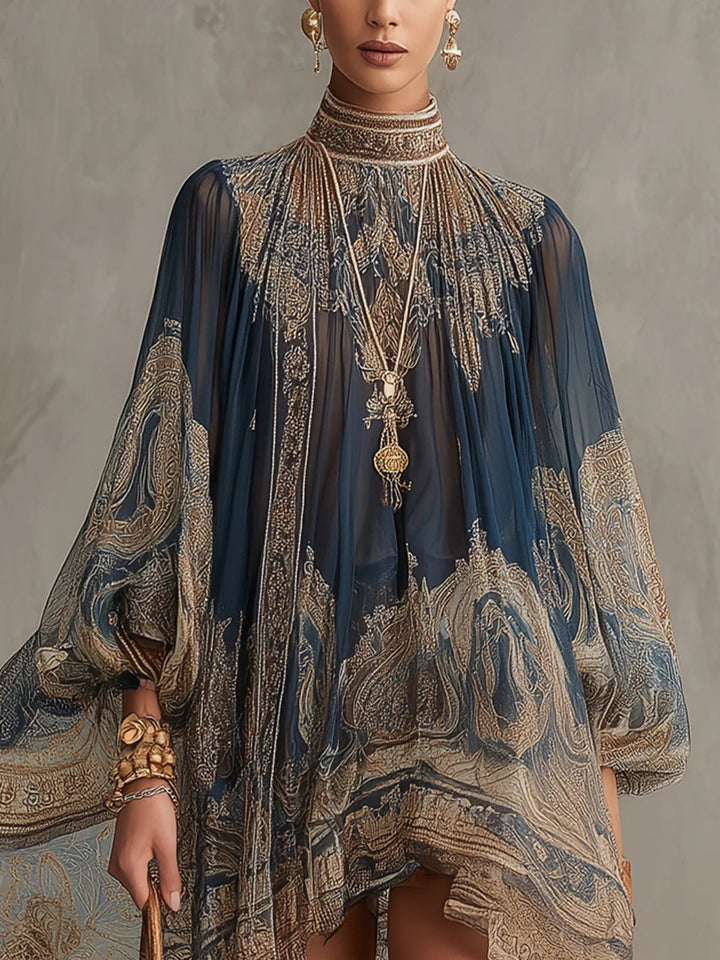Damen Barock Chiffon High-Neck Kleid Fließende Ärmel