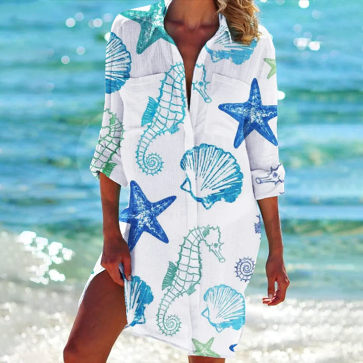 Damen Batik-Print Locker-Geschnittenes Langarm Hemdblusenkleid - Blaues Seepferdchen