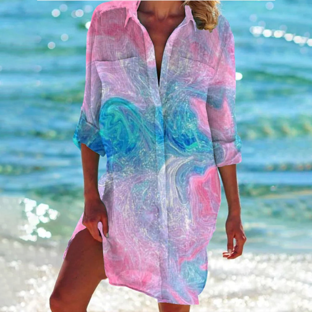 Damen Batik-Print Locker-Geschnittenes Langarm Hemdblusenkleid - Rosa Meerjungfrauenfarbe