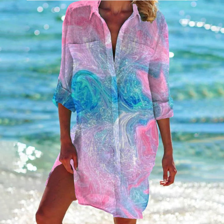 Damen Batik-Print Locker-Geschnittenes Langarm Hemdblusenkleid - Rosa Meerjungfrauenfarbe