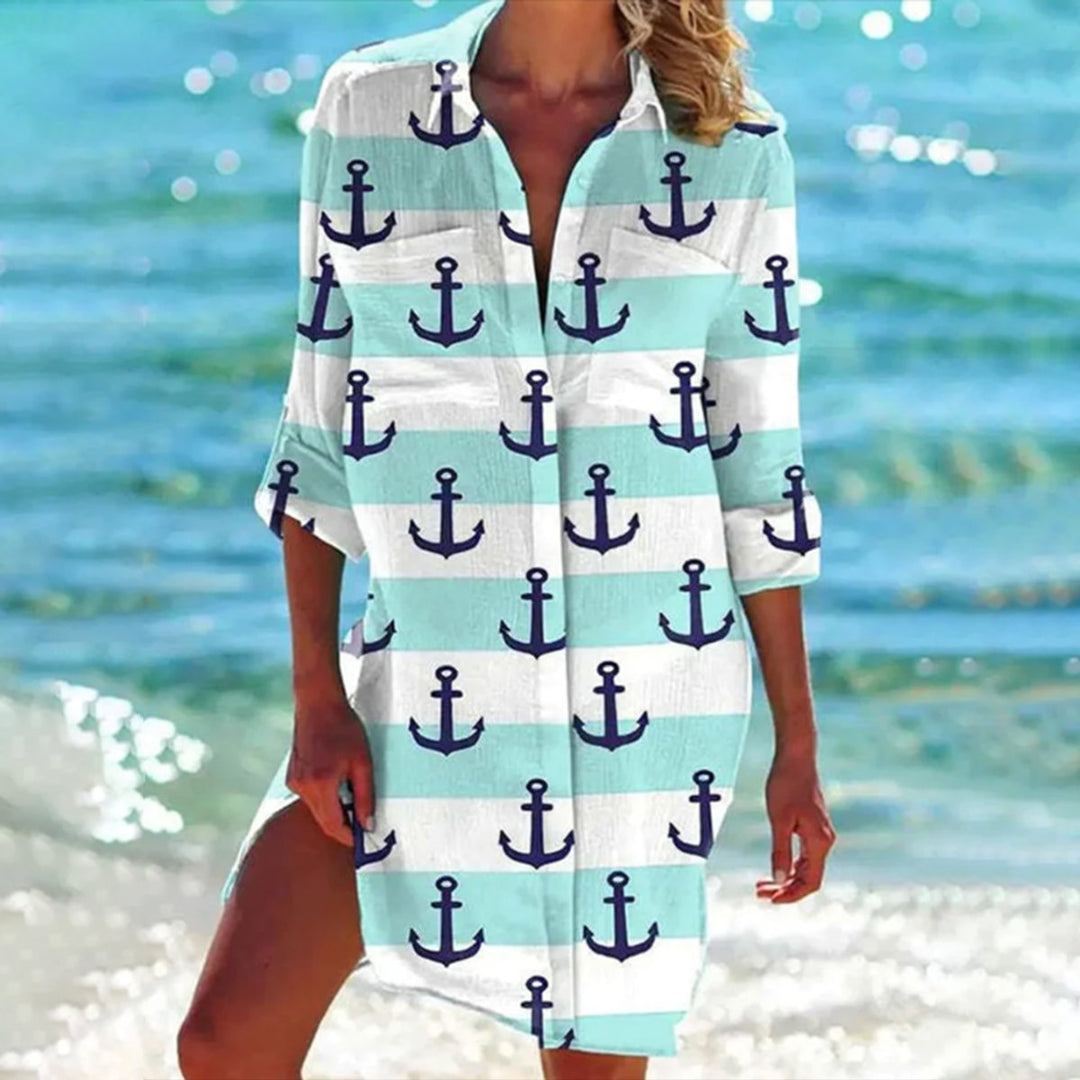 Damen Batik-Print Locker-Geschnittenes Langarm Hemdblusenkleid - Mintgrüner Anker