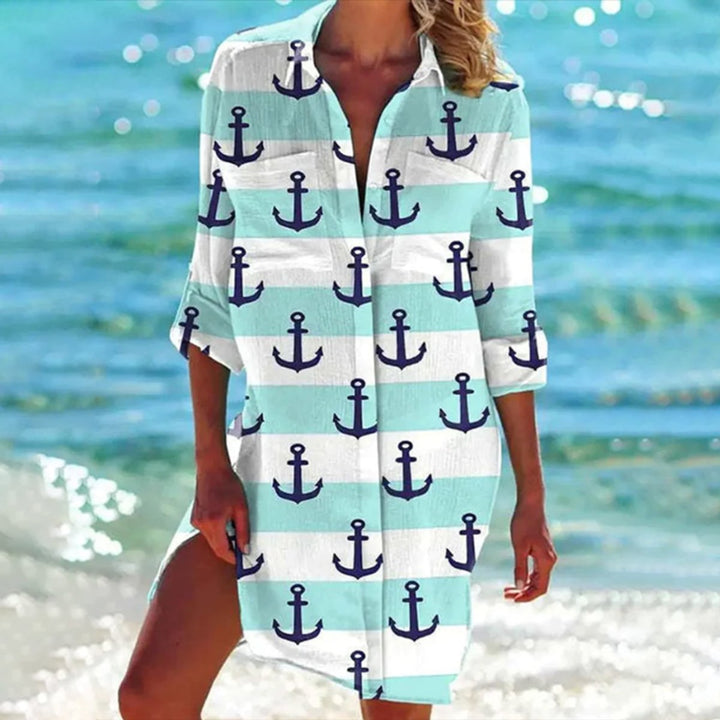 Damen Batik-Print Locker-Geschnittenes Langarm Hemdblusenkleid - Mintgrüner Anker