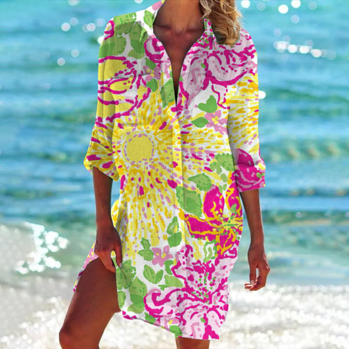 Damen Batik-Print Locker-Geschnittenes Langarm Hemdblusenkleid - Gelb mit Blumenmuster