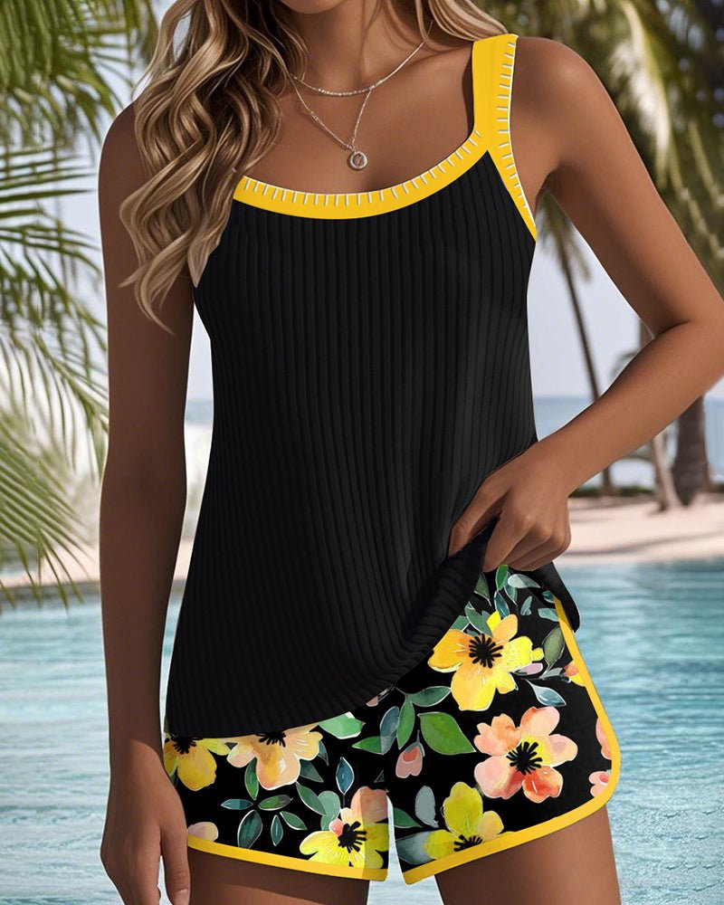 Damen Bauchweg Blumen Tankini Set - Yellow