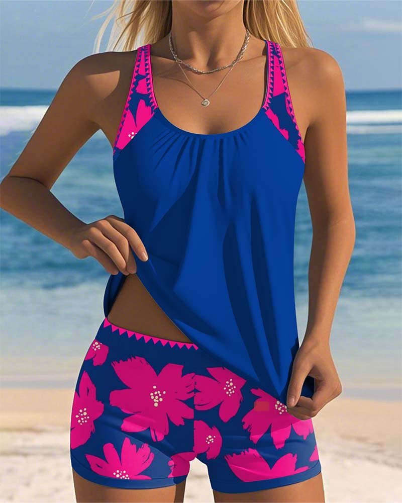 Damen Bauchweg-Tankini-Set Geblümter Racerback-Badeanzug - Pink