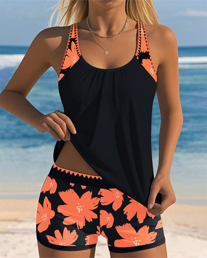 Damen Bauchweg-Tankini-Set Geblümter Racerback-Badeanzug