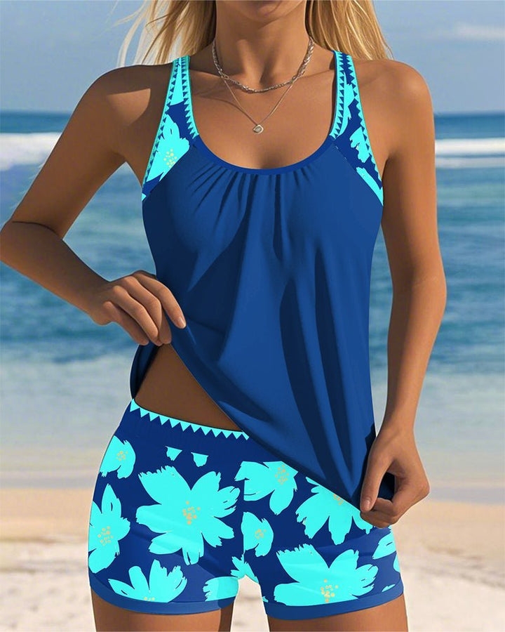Damen Bauchweg-Tankini-Set Geblümter Racerback-Badeanzug - Blue