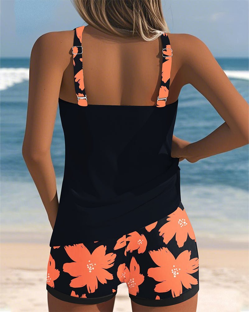 Damen Bauchweg-Tankini-Set Geblümter Racerback-Badeanzug