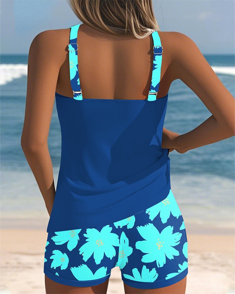 Damen Bauchweg-Tankini-Set Geblümter Racerback-Badeanzug
