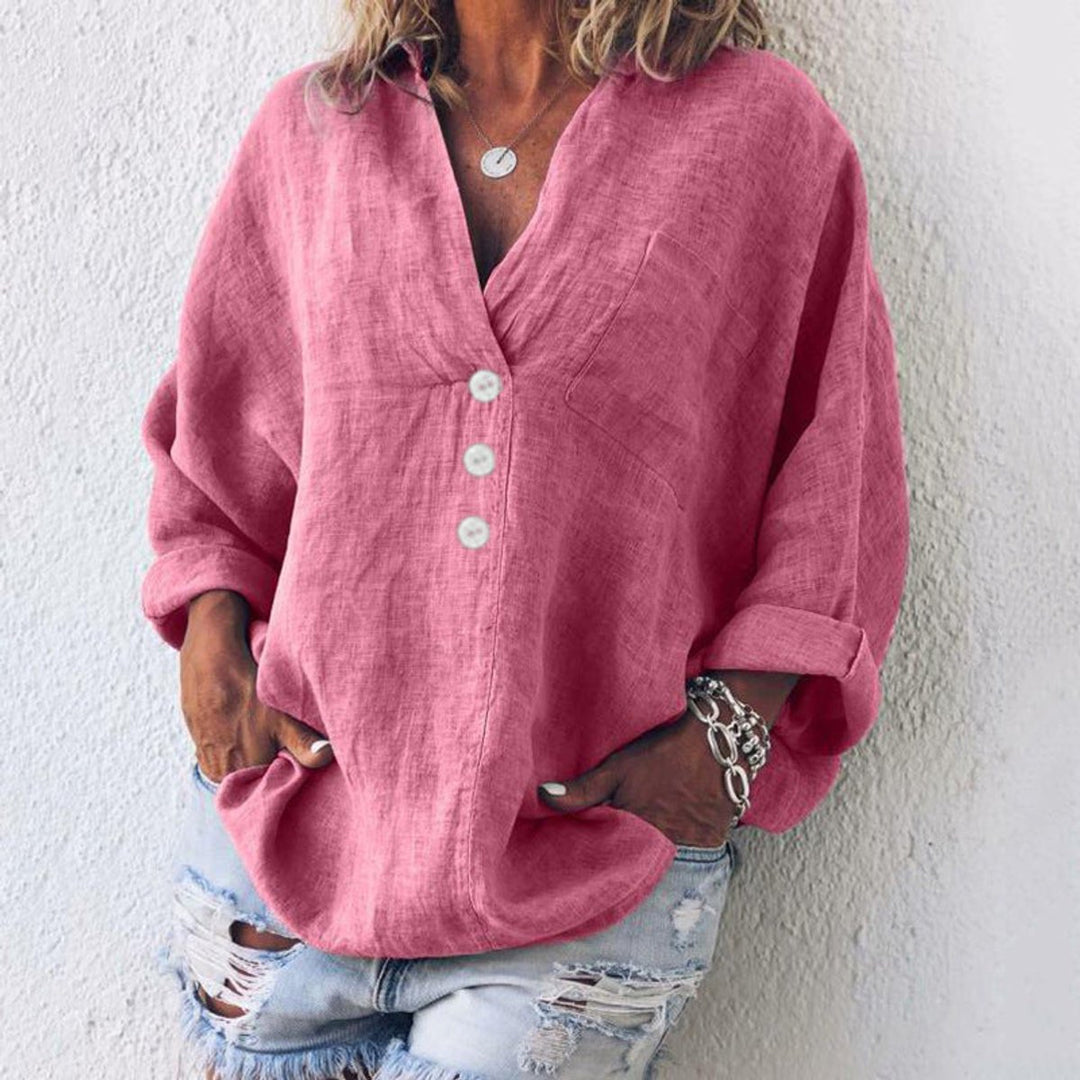 Damen Baumwoll-Leinen Oversized V-Ausschnitt Pullover Bluse - Rosa