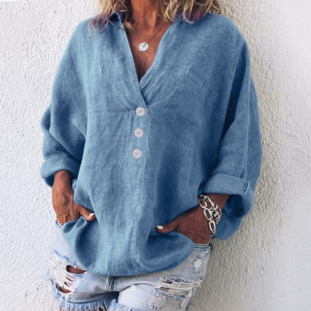 Damen Baumwoll-Leinen Oversized V-Ausschnitt Pullover Bluse - Blau