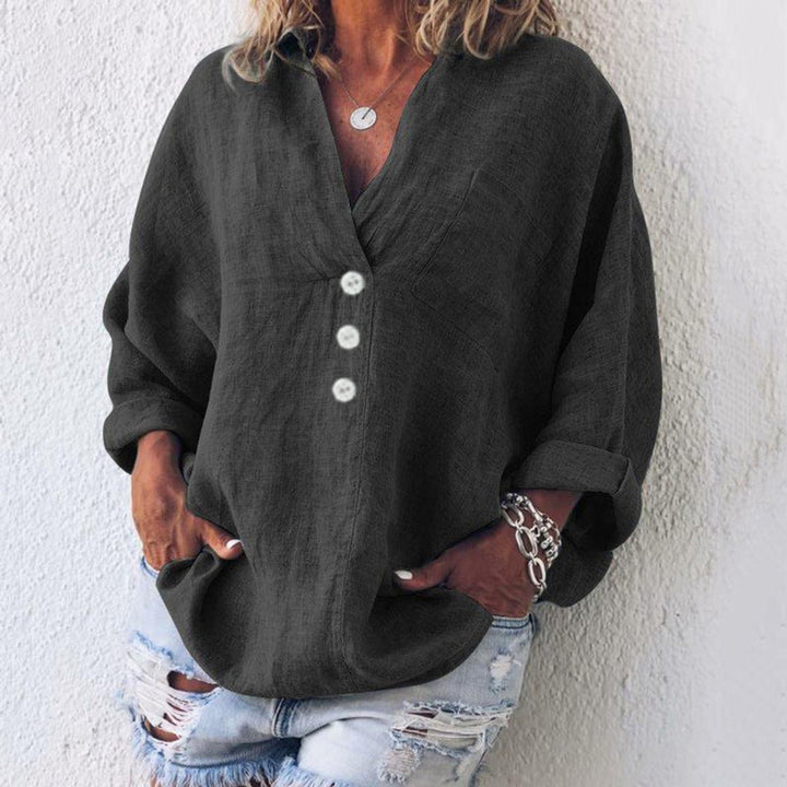 Damen Baumwoll-Leinen Oversized V-Ausschnitt Pullover Bluse - Schwarz