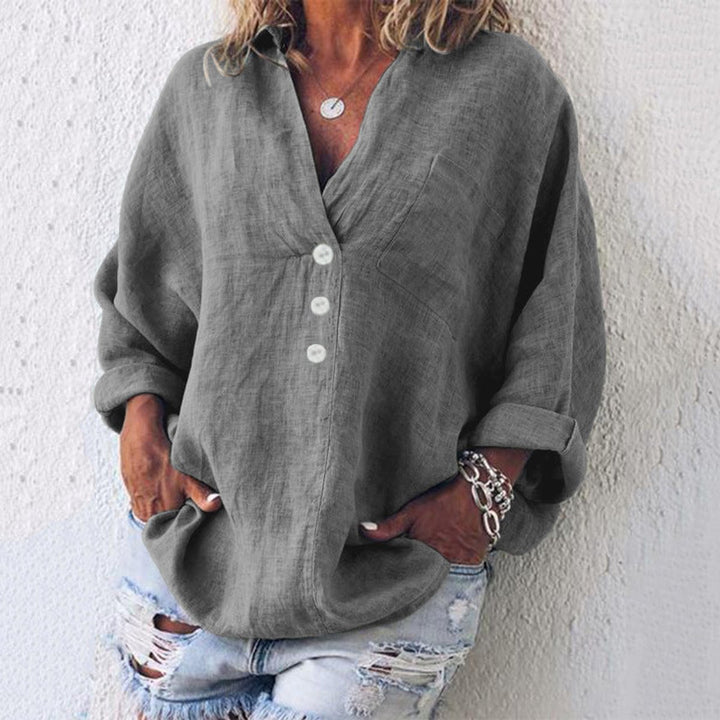 Damen Baumwoll-Leinen Oversized V-Ausschnitt Pullover Bluse - Grau