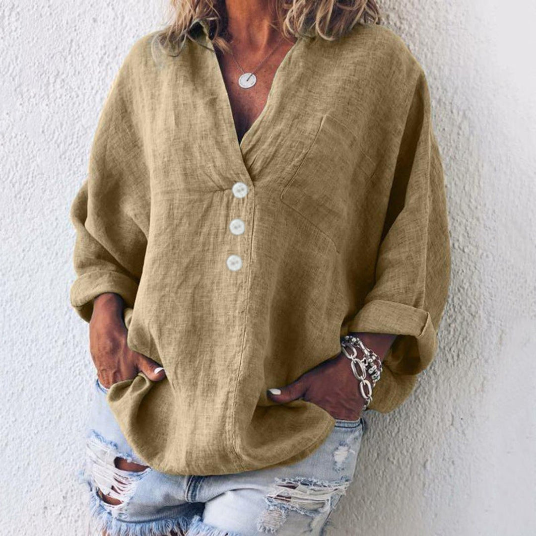 Damen Baumwoll-Leinen Oversized V-Ausschnitt Pullover Bluse - Khaki