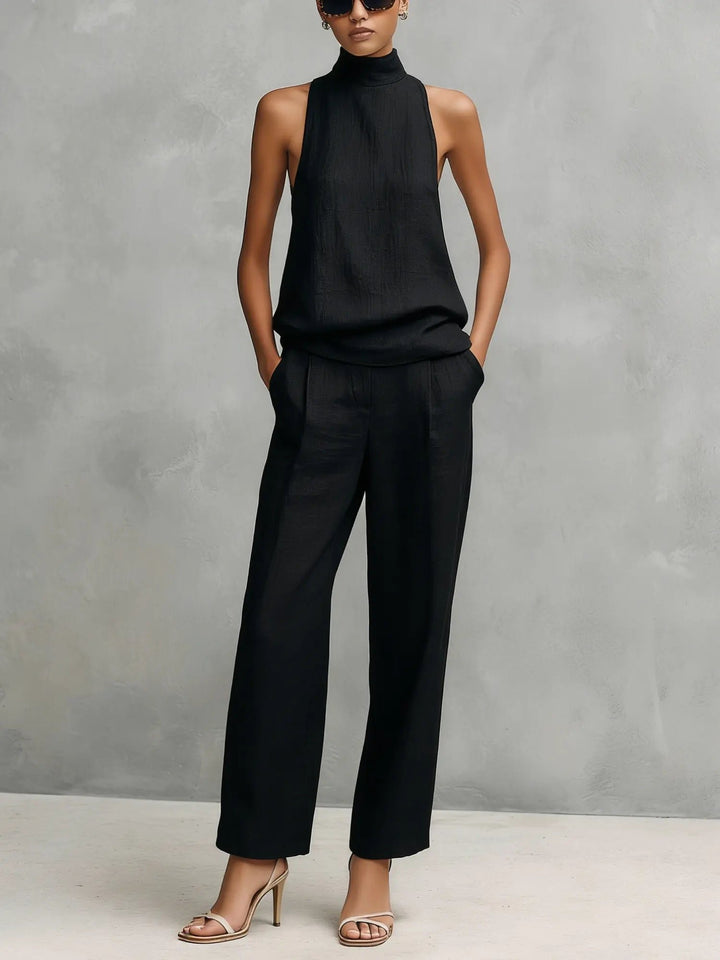 Damen Baumwoll-Leinen Ärmellose High-Neck Top Hose Set - Black