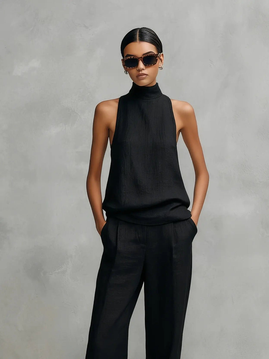 Damen Baumwoll-Leinen Ärmellose High-Neck Top Hose Set