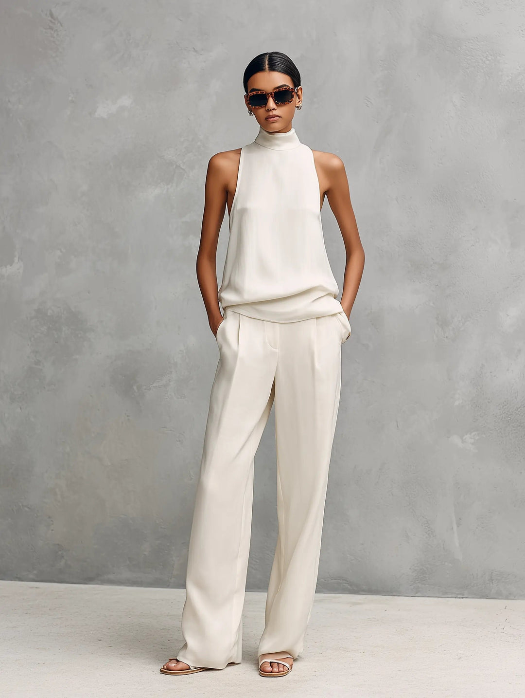 Damen Baumwoll-Leinen Ärmellose High-Neck Top Hose Set - White