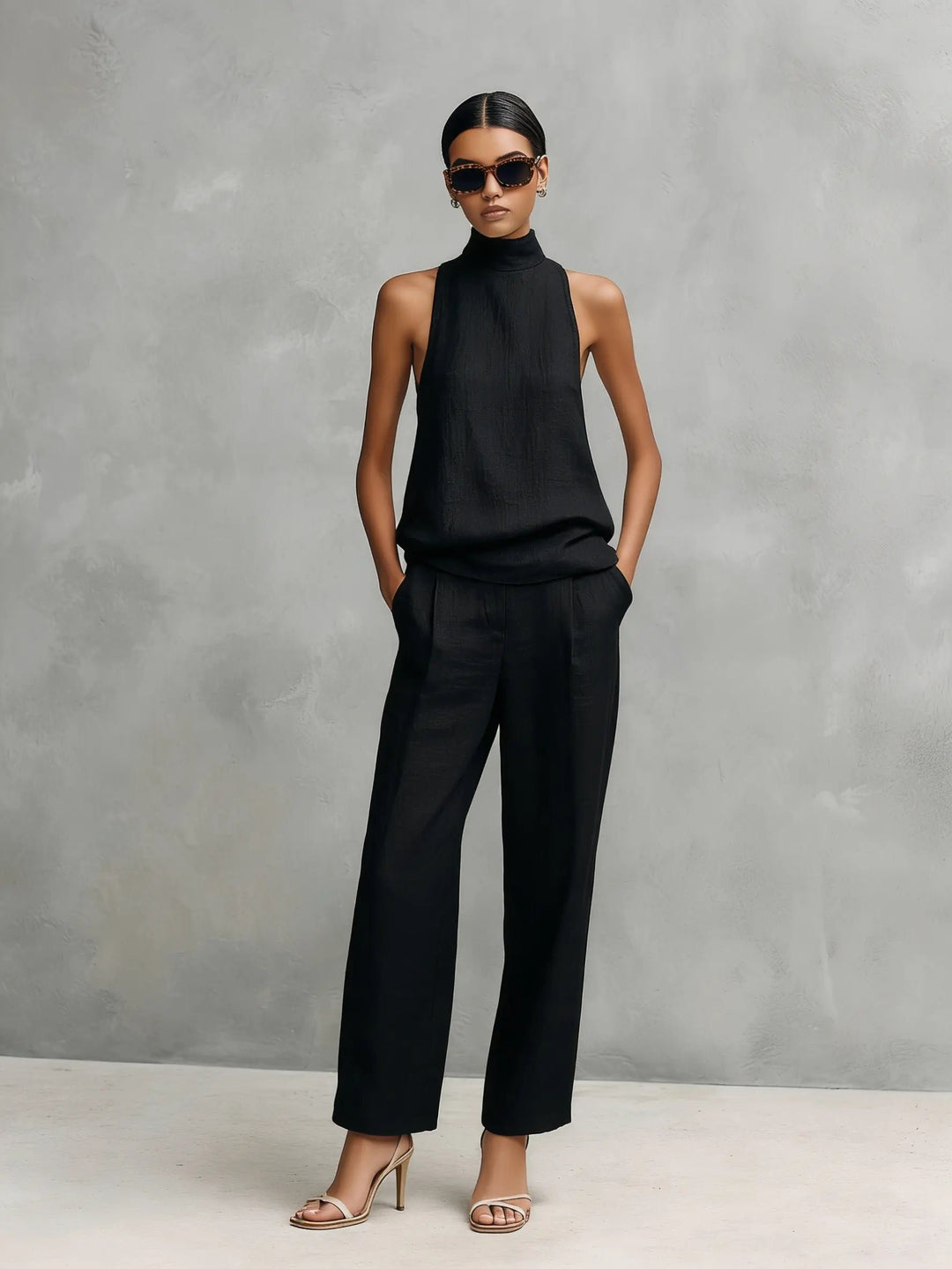 Damen Baumwoll-Leinen Ärmellose High-Neck Top Hose Set