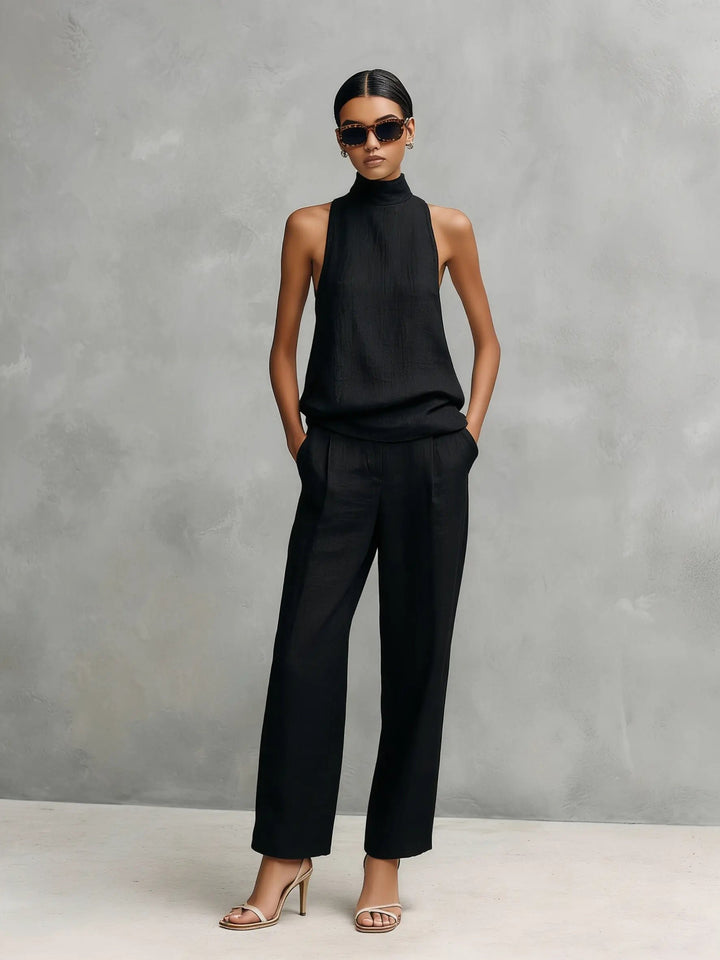 Damen Baumwoll-Leinen Ärmellose High-Neck Top Hose Set