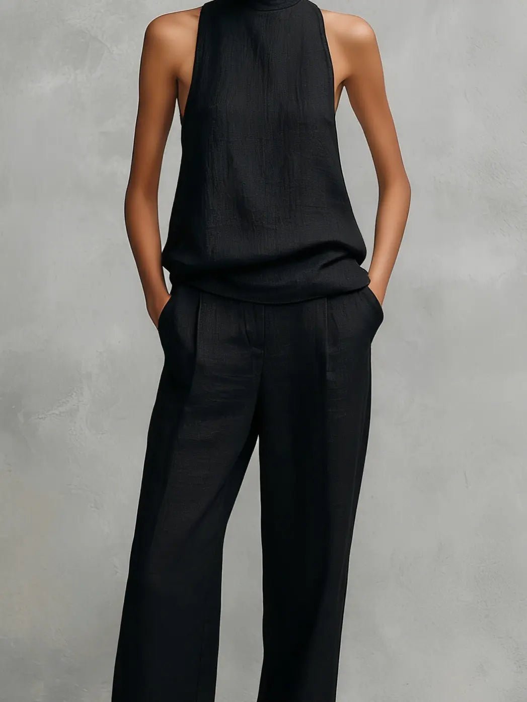 Damen Baumwoll-Leinen Ärmellose High-Neck Top Hose Set