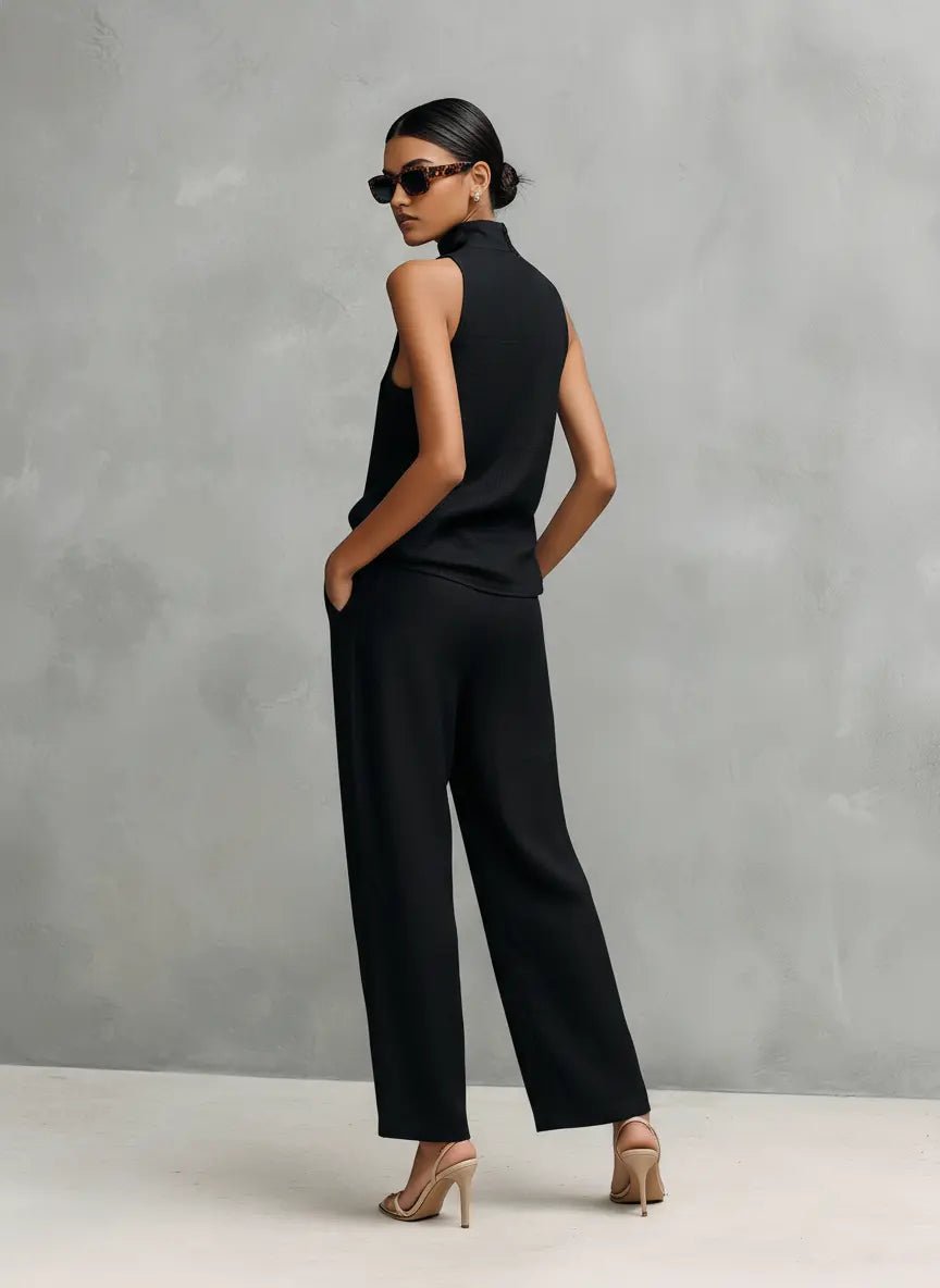 Damen Baumwoll-Leinen Ärmellose High-Neck Top Hose Set