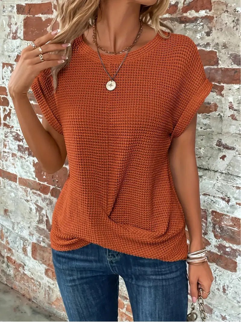 Damen Baumwoll-Mix Waffel-Strick Kurzarm Top - Rust