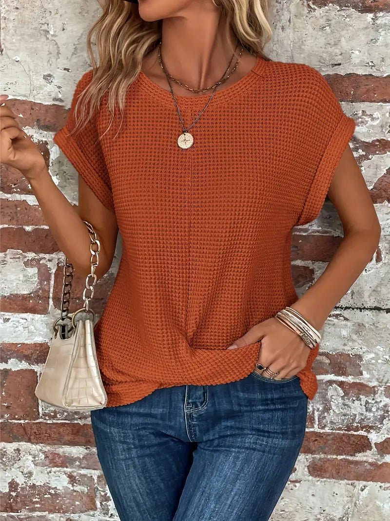 Damen Baumwoll-Mix Waffel-Strick Kurzarm Top